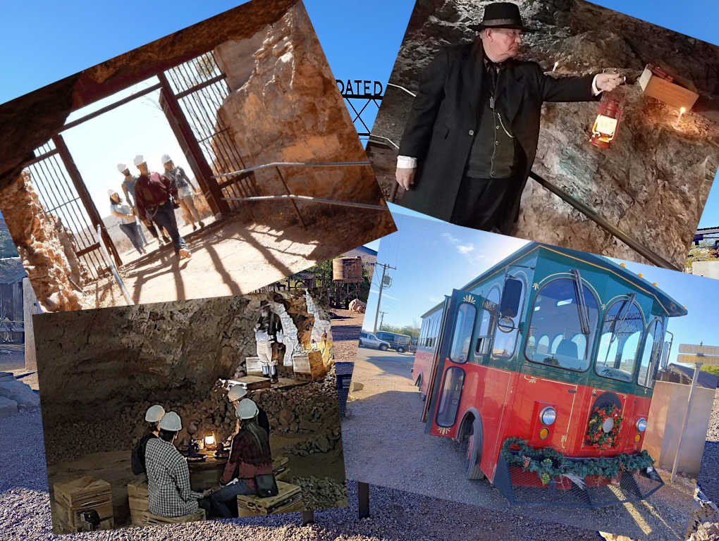 Collage featuring a group entering a mine shaft under a metal archway, a man holding a lantern in a dimly lit mine, people sitting at wooden benches inside a mine, and a red trolley decorated with garlands parked outside.