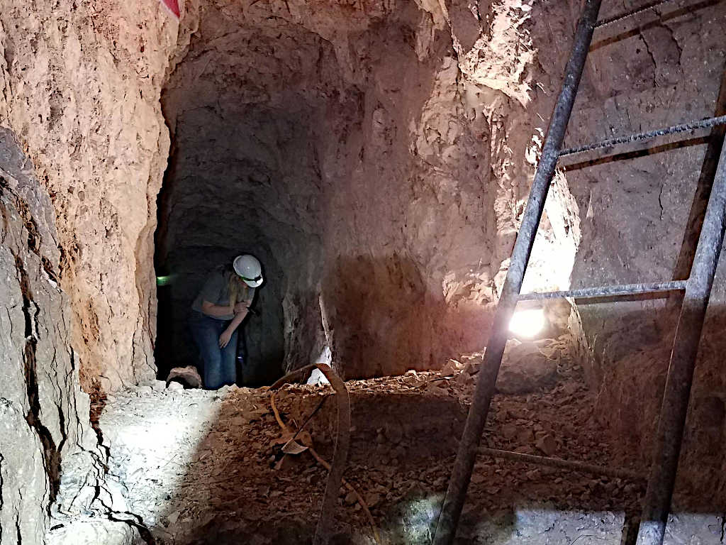 A dimly lit underground mine tunnel with rugged rock walls, featuring a person wearing a hard hat examining the ground, and an old metal ladder leaning against the wall.