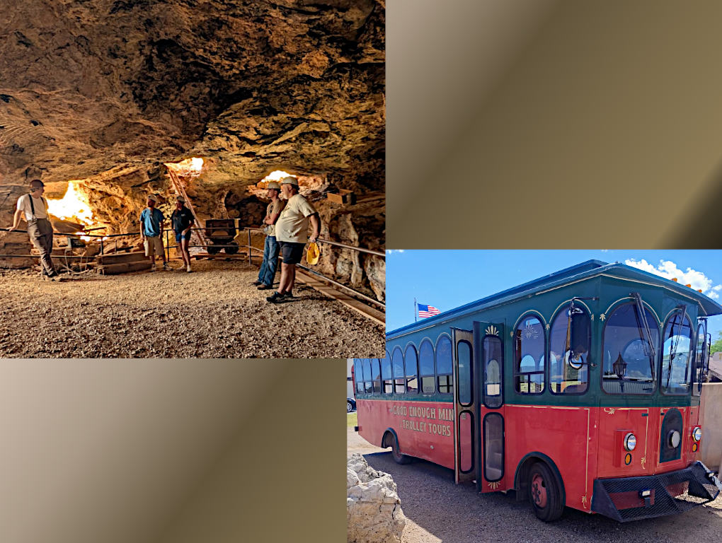 Collage featuring a group of people wearing hard hats exploring an illuminated mine tunnel with an ore cart, and the red and green 'Good Enough Mine Trolley Tours' trolley parked outside, set against a simple gold gradient background.
