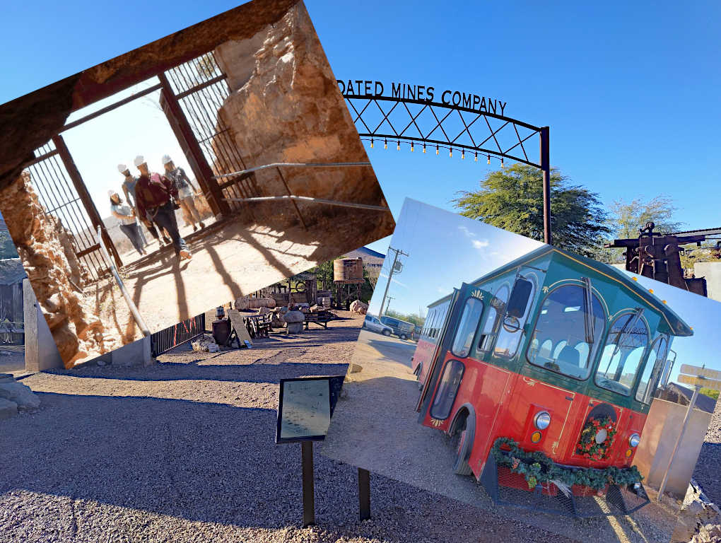 Collage featuring a group of people entering mine shaft wearing hard hats, the 'Consolidated Mines Company' archway in the background, and a red trolley parked on a dirt road, decorated with festive garland.