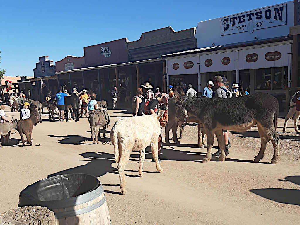 Group of people and donkeys gathered on a dirt street in a western-style town, with storefronts labeled 'Spur Western Wear' and 'Stetson Quality Hats' in the background.