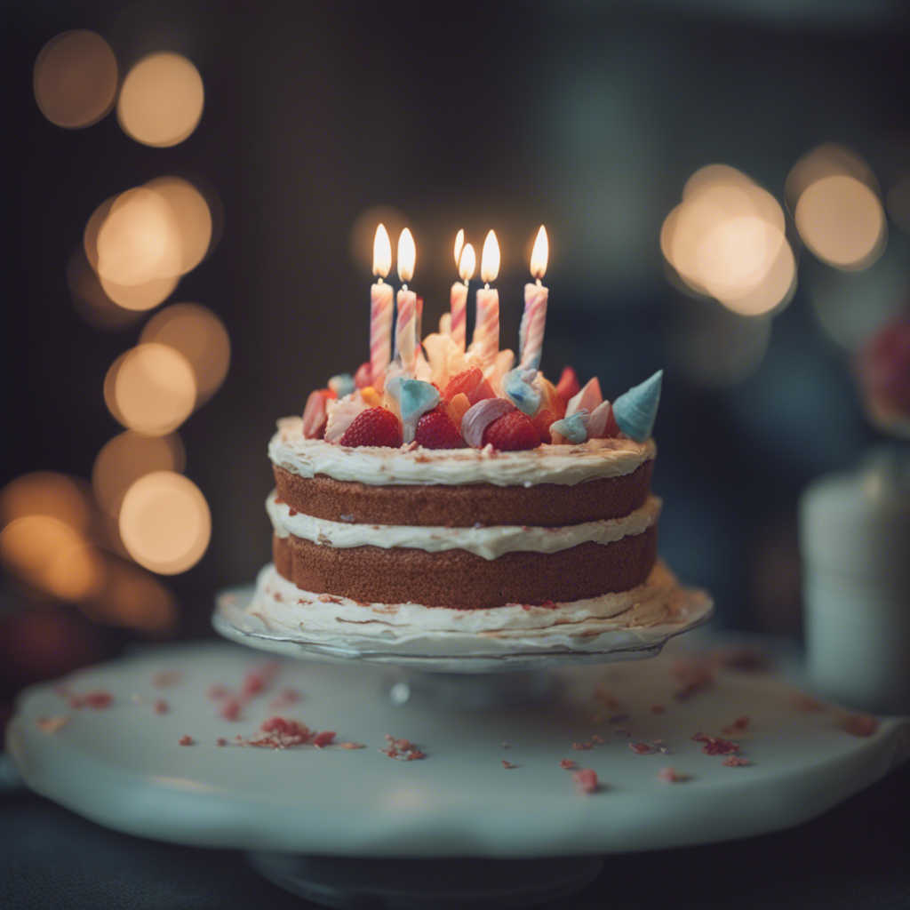 Close-up of a layered birthday cake topped with strawberries, colorful candy decorations, and lit candles, set against a softly blurred background with warm bokeh lights.