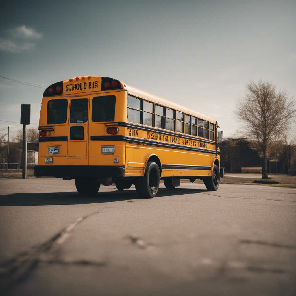 Yellow school bus parked on an empty asphalt lot under a clear sky, with trees and buildings visible in the background.