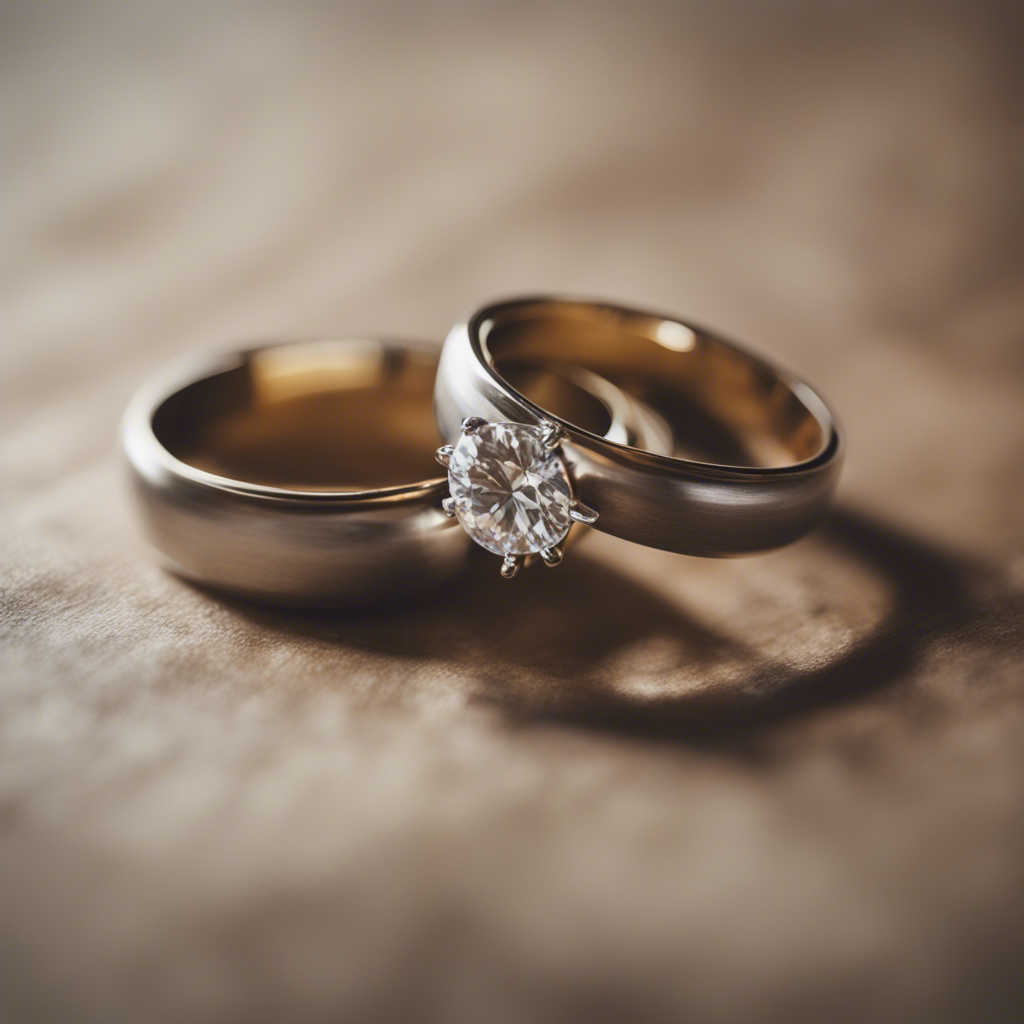 Close-up of two gold wedding bands, one featuring a diamond solitaire, placed on a softly lit surface.